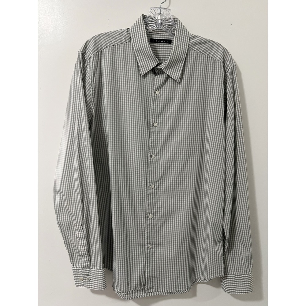 Theory Men's Long Sleeve Gingham Button Down Shirt‎ Size Large Gray White